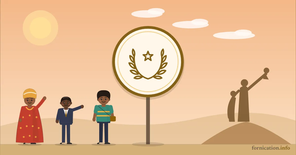 Illustration : un médaillon avec une couronne de laurier, devant le monument de la Renaissance africaine à Dakar, entouré de passants d'aujourd'hui