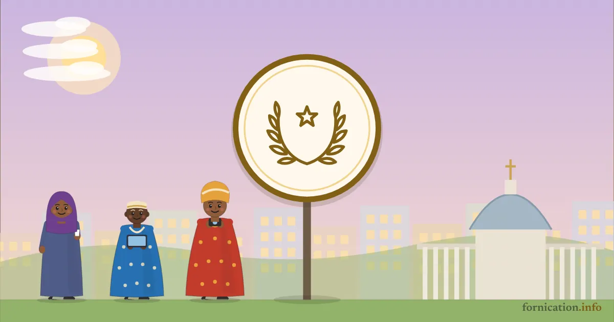 Illustration : un médaillon avec une couronne de laurier, devant la basilique Notre-Dame de la Paix de Yamoussoukro, entouré de passants d'aujourd'hui