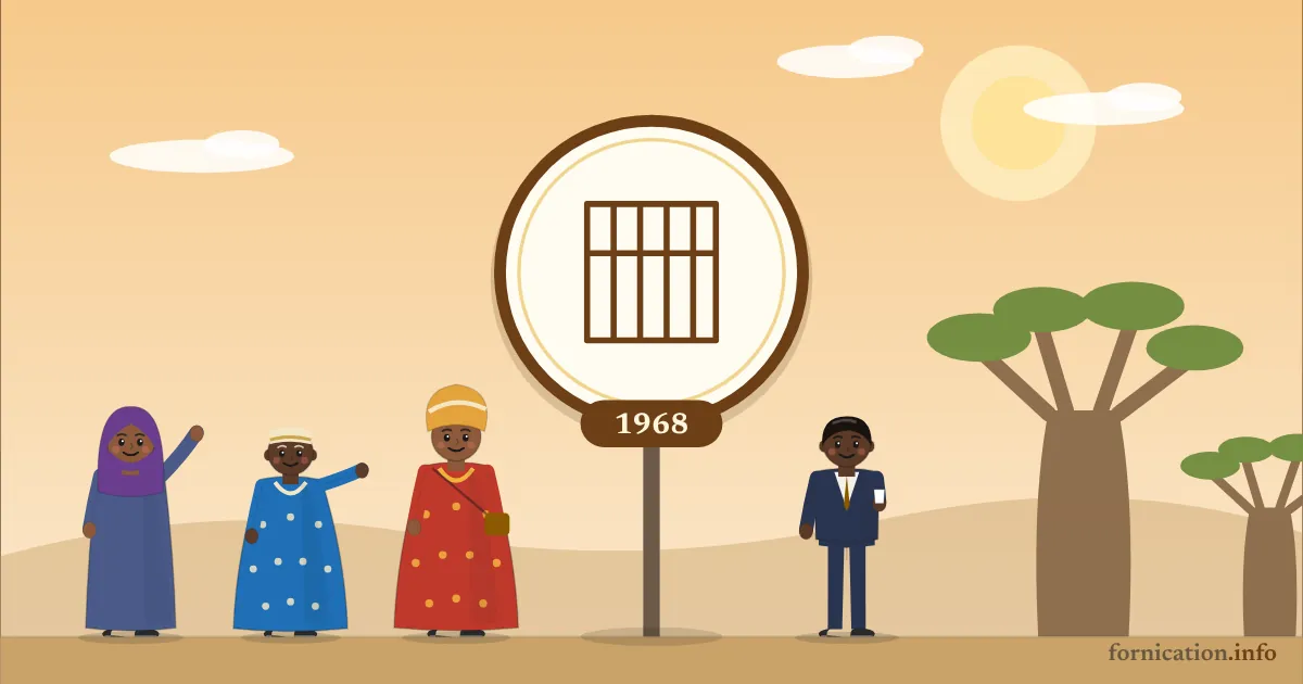 Illustration : un médaillon avec des barreaux de prison et l'année 1968, devant des baobabs dans la savane, entouré de passants d'aujourd'hui