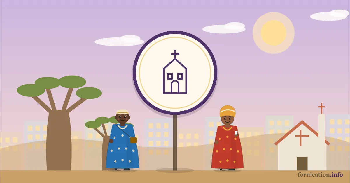 Illustration : un médaillon avec une église, devant des baobabs dans la savane, entouré de passants d'aujourd'hui