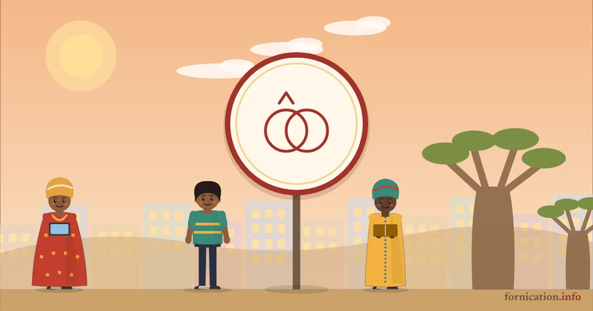 Illustration : un médaillon avec deux alliances, devant des baobabs dans la savane, entouré de passants d'aujourd'hui