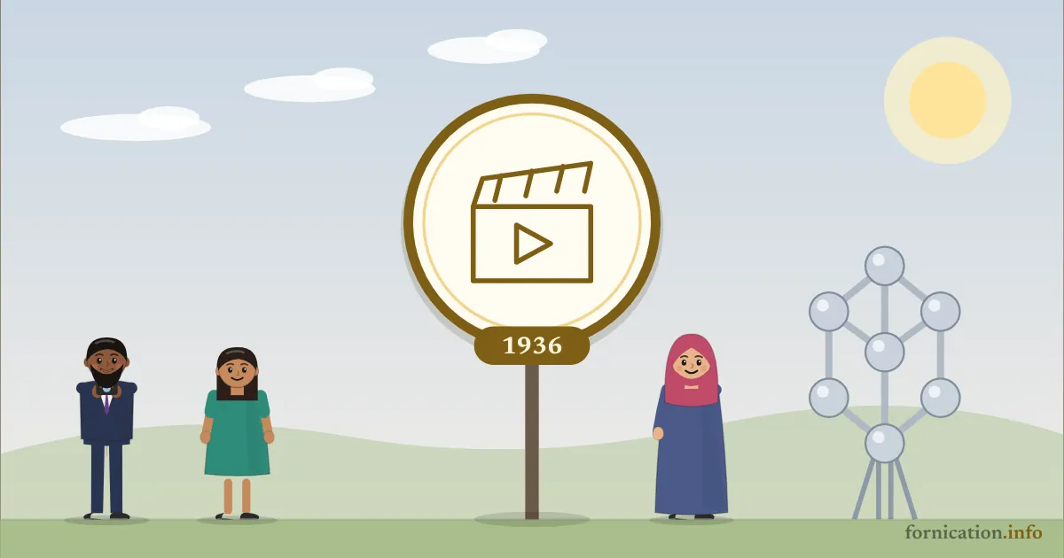Illustration : un médaillon avec un clap de cinéma et l'année 1936, devant l'Atomium de Bruxelles, entouré de passants d'aujourd'hui