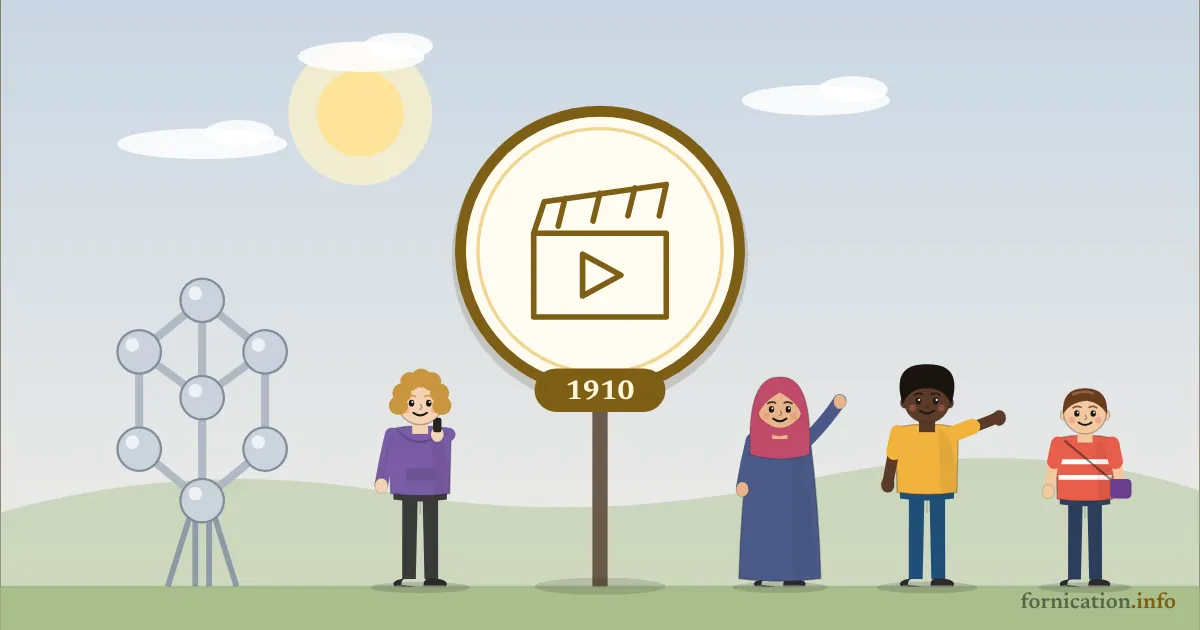 Illustration : un médaillon avec un clap de cinéma et l'année 1910, devant l'Atomium de Bruxelles, entouré de passants d'aujourd'hui