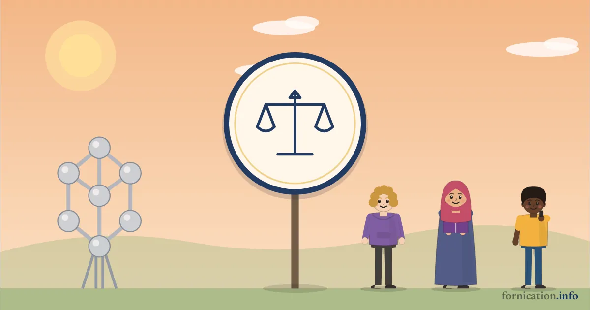 Illustration : un médaillon avec la balance de la justice, devant l'Atomium de Bruxelles, entouré de passants d'aujourd'hui