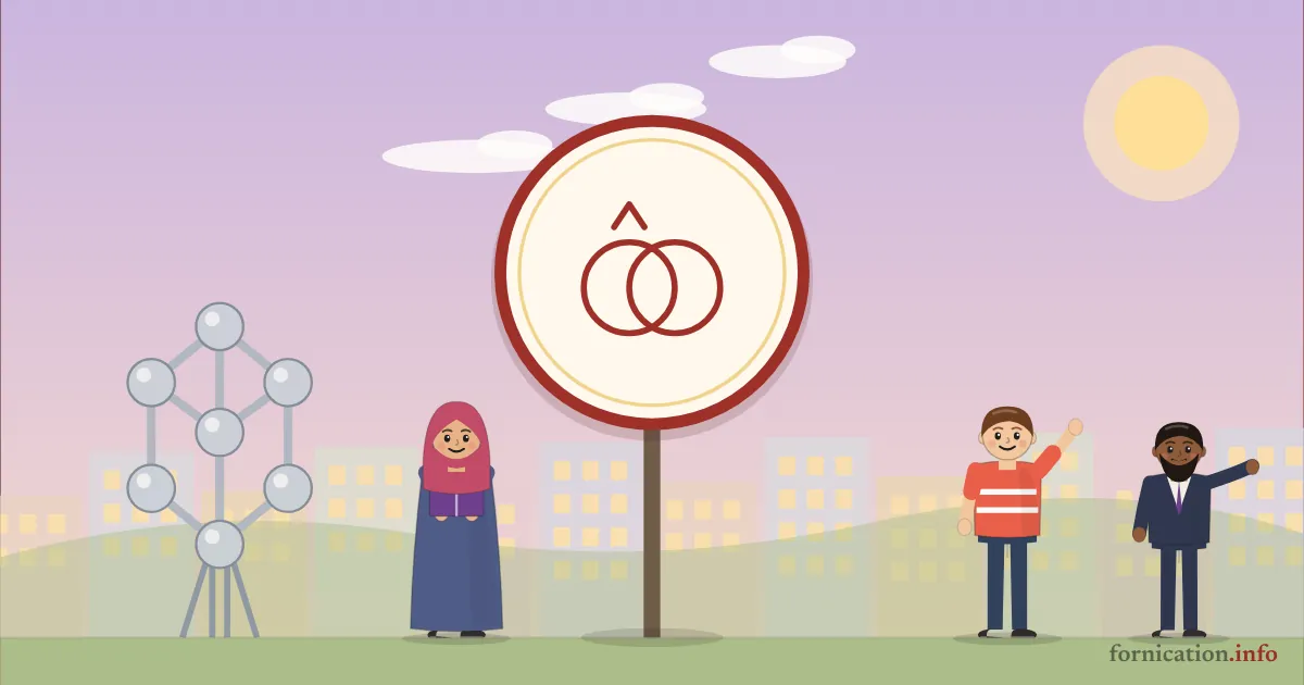 Illustration : un médaillon avec deux alliances, devant l'Atomium de Bruxelles, entouré de passants d'aujourd'hui