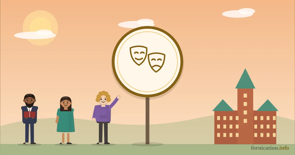 Illustration : un médaillon avec les masques du théâtre, devant le château Frontenac à Québec, entouré de passants d'aujourd'hui