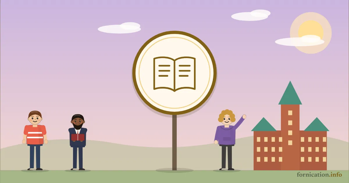 Illustration : un médaillon avec un livre ouvert, devant le château Frontenac à Québec, entouré de passants d'aujourd'hui