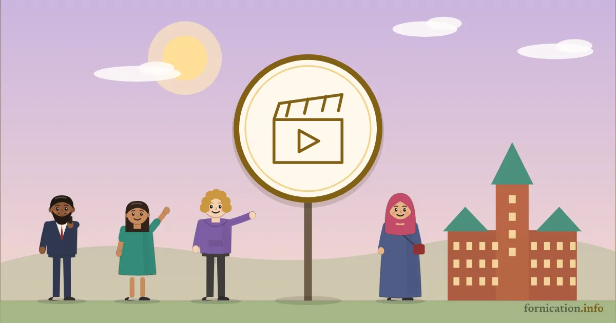 Illustration : un médaillon avec un clap de cinéma, devant le château Frontenac à Québec, entouré de passants d'aujourd'hui