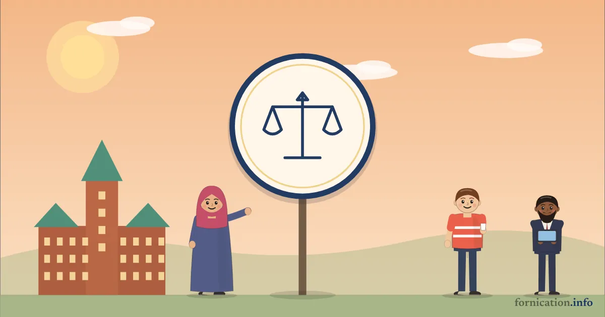 Illustration : un médaillon avec la balance de la justice, devant le château Frontenac à Québec, entouré de passants d'aujourd'hui