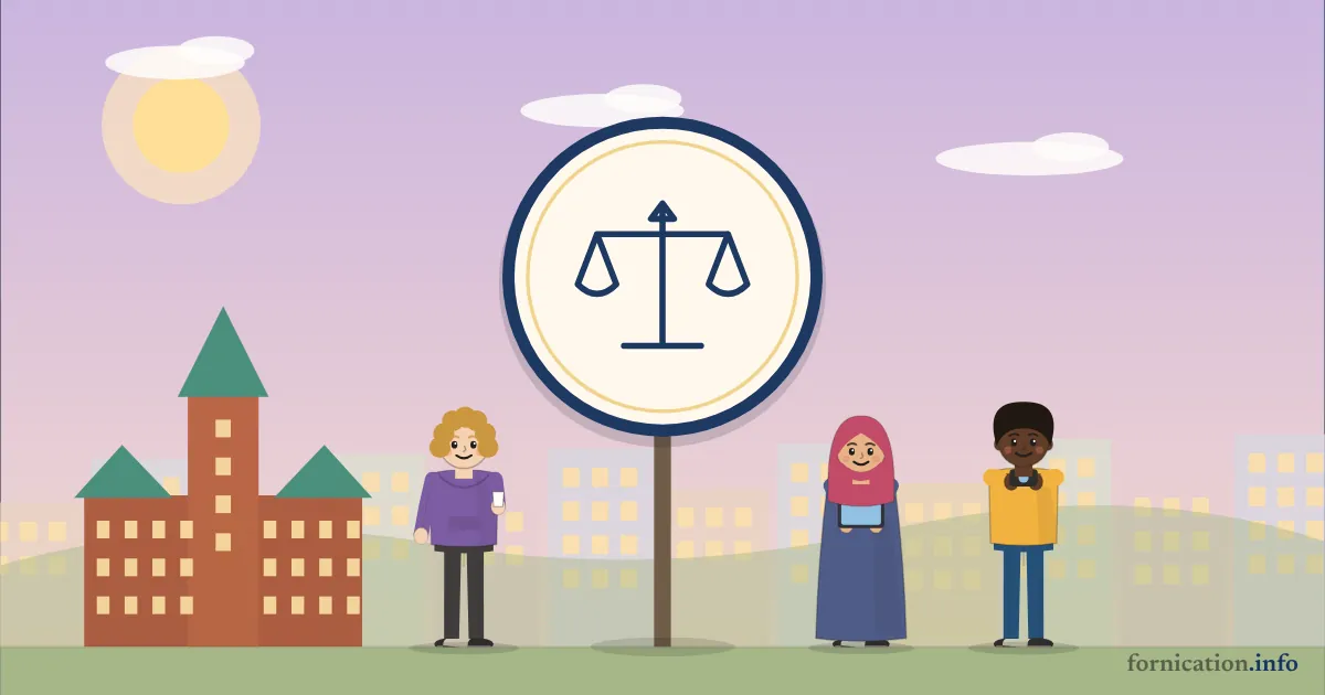 Illustration : un médaillon avec la balance de la justice, devant le château Frontenac à Québec, entouré de passants d'aujourd'hui