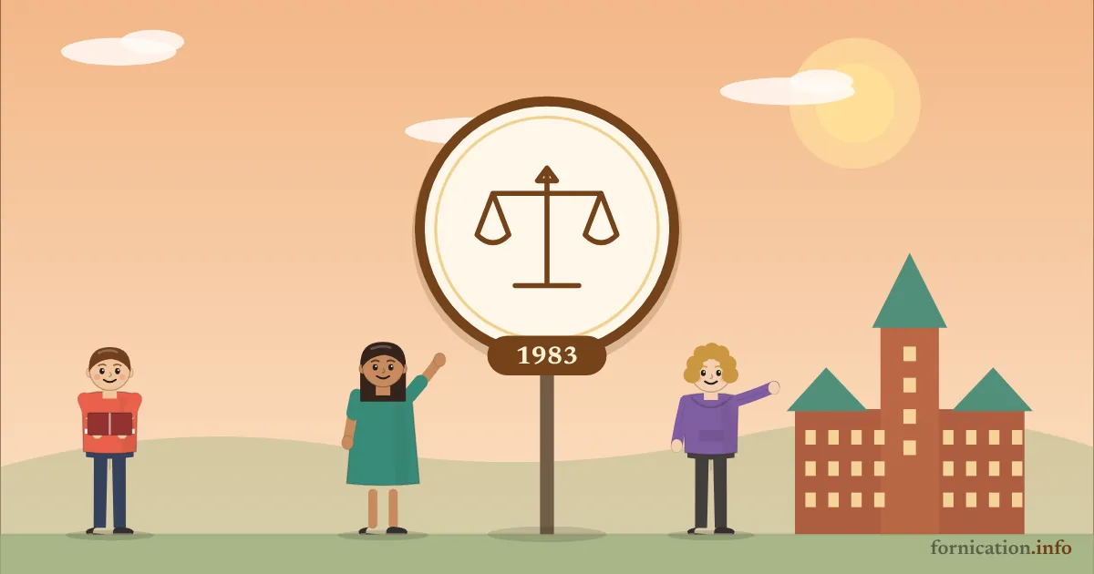 Illustration : un médaillon avec la balance de la justice et l'année 1983, devant le château Frontenac à Québec, entouré de passants d'aujourd'hui