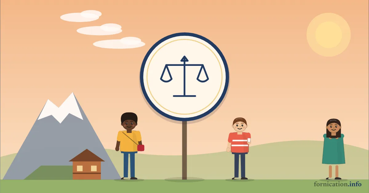 Illustration : un médaillon avec la balance de la justice, devant le Cervin, entouré de passants d'aujourd'hui