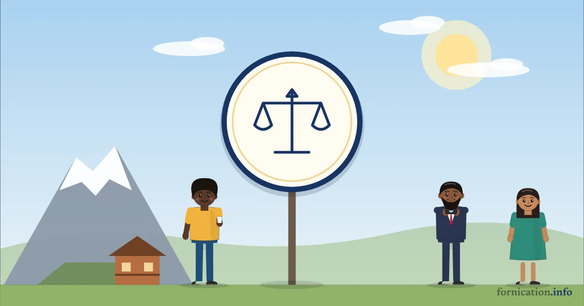 Illustration : un médaillon avec la balance de la justice, devant le Cervin, entouré de passants d'aujourd'hui