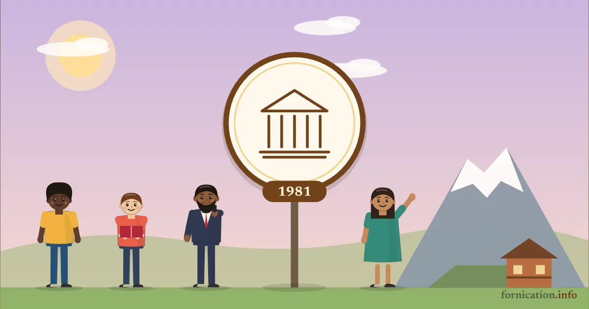 Illustration : un médaillon avec un palais de justice et l'année 1981, devant le Cervin, entouré de passants d'aujourd'hui
