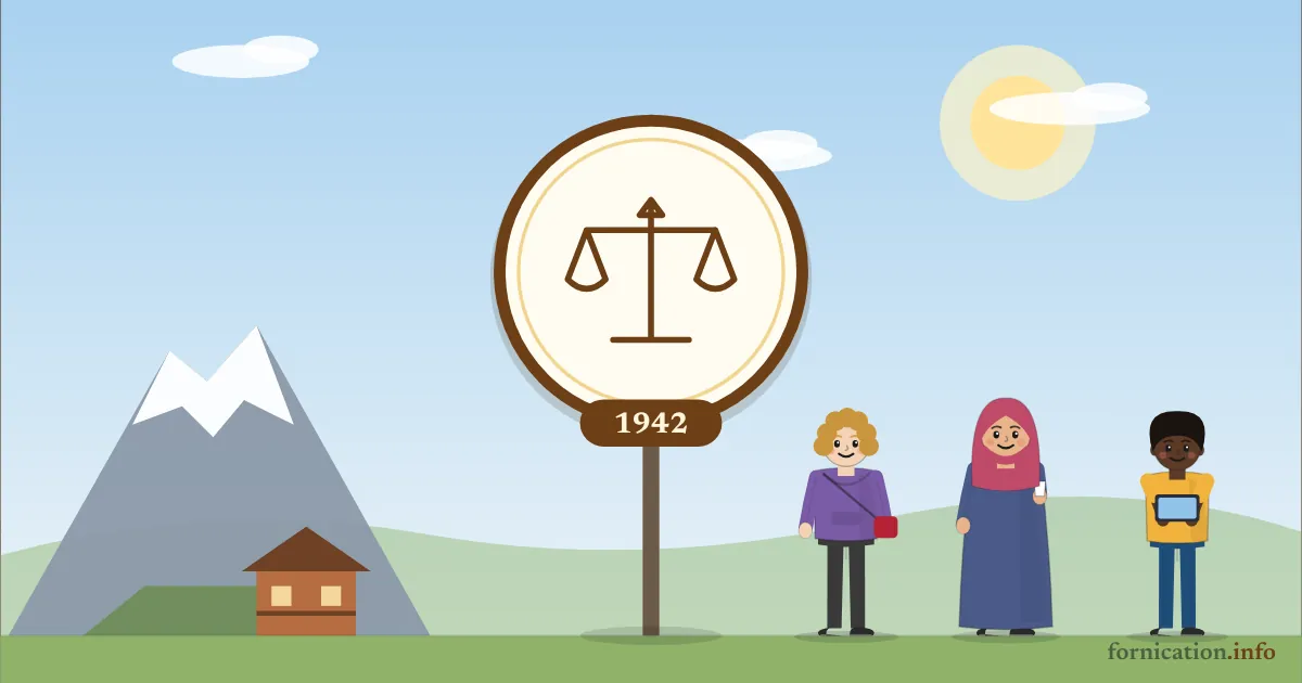 Illustration : un médaillon avec la balance de la justice et l'année 1942, devant le Cervin, entouré de passants d'aujourd'hui